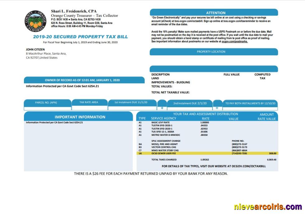 USA County of Orange California property tax bill